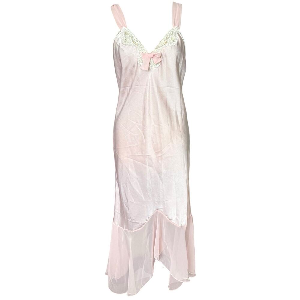 Vintage Lucie Ann Nightgown Pink Lace Trim Asymmetrical Sheer Hem Dress M